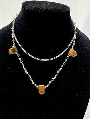 Layered Tiger Eye with Beads Silver Chain Necklace